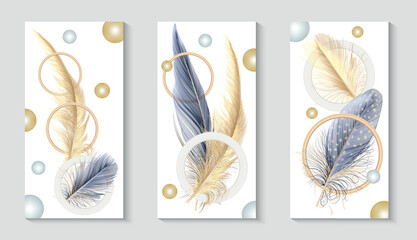 Art wallpaper with golden and blue feathers. Modern creative design for home decor, banners, and prints. Vector illustration.