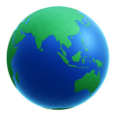Stylized three-dimensional earth globe icon centered on Asia and Oceania. 3D rendering isolated on transparent background