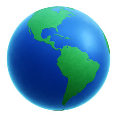 Stylized three-dimensional earth globe icon centered on the Americas. 3D rendering isolated on transparent background