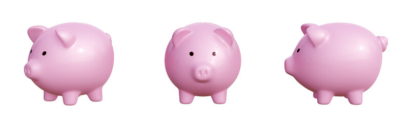 Pink piggy bank from different angles isolated on transparent background. 3D rendering