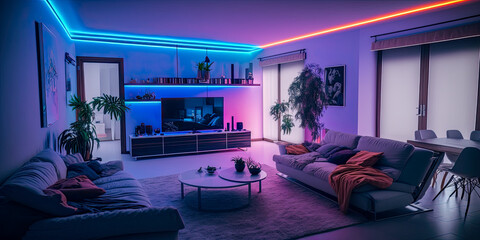 A modern and confortable living room illuminated by led strips - Generative AI - obrazy, fototapety, plakaty