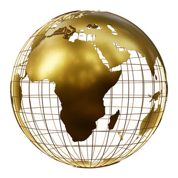 Stylized golden wireframe earth globe centered on Europe, Africa and the Middle East. 3D rendering isolated on transparent background