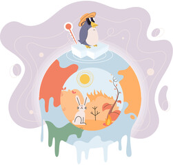 Global warming climate changes, environmental disaster threat to nature and animals. Planet Earth is suffering, danger rising temperature. Unhappy penguin asks for help stands on an ice floe on globe
