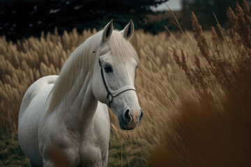 Beautiful white horse. Illustration AI Generative