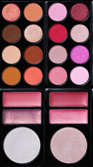Multi-colored eye shadow palette top view. Abstract background of eye shadows.