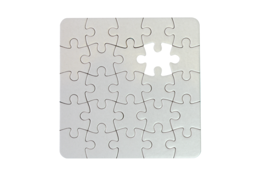 white puzzle with missing tile with transparent background, png