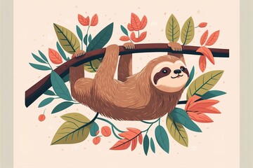 Cute sloth flat illustration created with Generative AI 