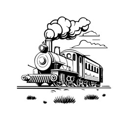 Cartoon image of a steam locomotive in black and white style for coloring. Vector illustration
