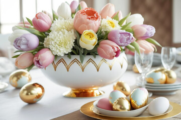 Obraz na płótnie Canvas Fresh spring flowers and golden Easter eggs. Easter table decoration. AI Generated