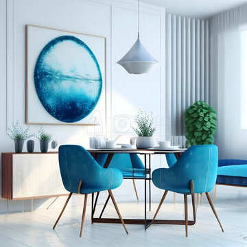 Bright and cozy modern dining room interior with blue furniture and decoration room on empty blue or white wall background, Ai generated

