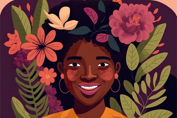 Black skin girl with flowers flat illustration created with Generative AI 