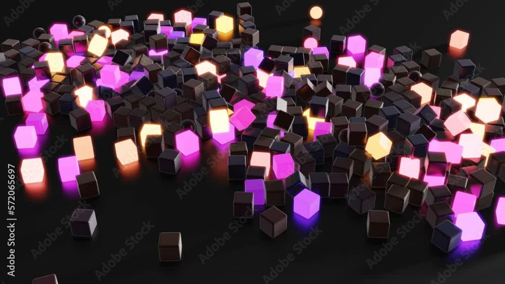 Poster abstract garland of multicolored glow cubes lay on plane. 3d render abstract looped christmas backgr