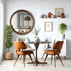 Bright and cozy modern dining room interior with brown furniture and decoration room on empty brown or white wall background, Ai generated
