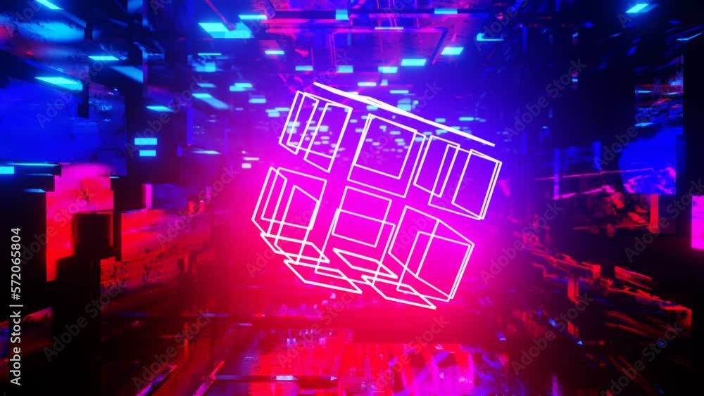 Poster cube. 3d object or structure rotates and moves inside glass mirror tunnel with neon light, bright re