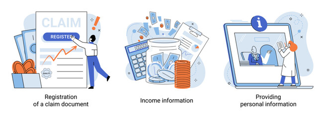 Registration of claim form register document, providing personal information, income information vector set. Employer form, earnings statement documents. Tax, financial and accounting reporting