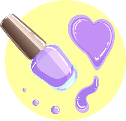 Illustration of a jar of violet nail polish with splash and drops in delicate shades