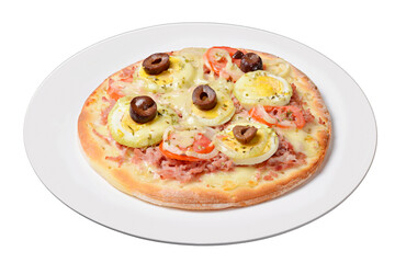Pizza. Small  portuguese pizza on white plate isolated on transparent background