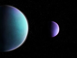 Beautiful exoplanets are located close to each other. Planetary satellites near a distant star. Cosmic landscape.