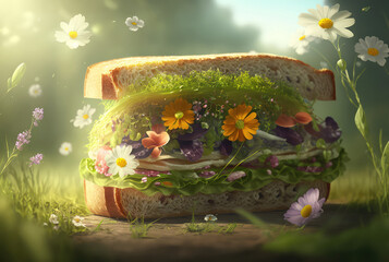 Sandwich with spring flowers and bread. Floral seasonal background. Generative AI