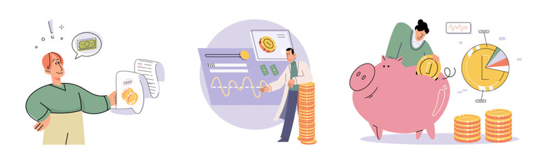 Set of people analyzing personal or corporate budget. Concept of finance accounting and calculation of financial income and expenses report. Financial consultant with document for tax computation