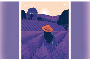 Woman standing in lavender field flat illustration created with Generative AI 