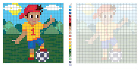 vector pixel art illustration, young soccer player on green football field, coloring book, embroidery design, mosaic, creativity, development of motor skills and imagination