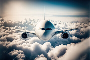 Fototapeta premium White passengers commercial airplane flying above clouds in blue sky. Concept of fast travel, holidays and business by AI generative.