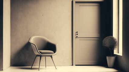 Gray chair in white concrete room for copy space