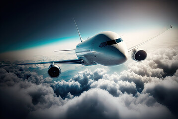 Fototapeta na wymiar White passengers commercial airplane flying above clouds in blue sky. Concept of fast travel, holidays and business by AI generative.