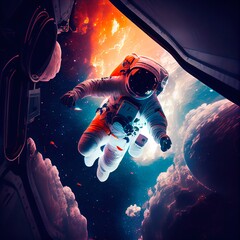 Fototapeta na wymiar Astronaut flying in zero gravity. High-tech astronaut from the future. The concept of space travel. Generative AI Art