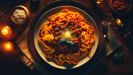 Spaghetti pasta with bolognese sauce and parmesan cheese