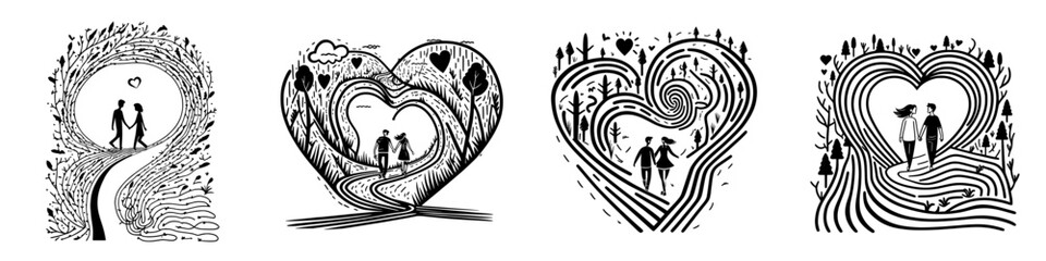 A set of illustrations depicting a couple in love
