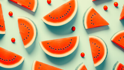 Watermelon pattern. Red watermelon on blue background