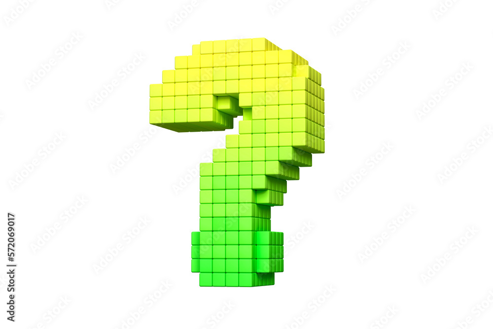 Poster pixel art concept design interrogation mark in yellow and green. high definition 3d rendering retro 