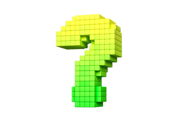 Pixel art concept design interrogation mark in yellow and green. High definition 3D rendering retro electronic concept font.