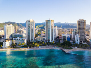 Aerial view of Waikiki Beach in Hawaii and Diamon Head