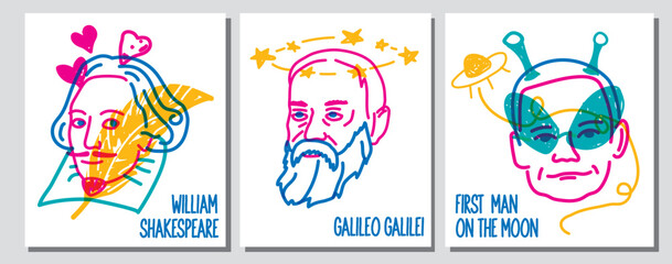 Line illustration of famous people Armstrong, william Shakespeare, Galileo - obrazy, fototapety, plakaty