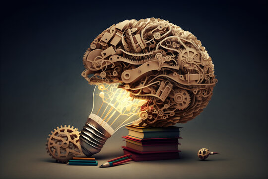 brain with a education ideas, new discoveries and scientific inventions, books, lamp, gear wheels, puzzle