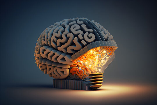 brain with a education ideas, new discoveries and scientific inventions, books, lamp, gear wheels, puzzle