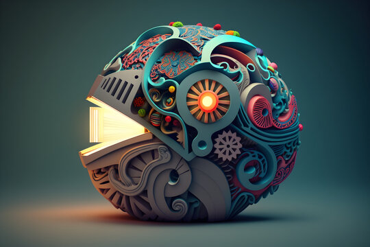 brain with a education ideas, new discoveries and scientific inventions, books, lamp, gear wheels, puzzle