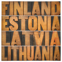 Baltic states, Finland, Estonia, Latvia and Lithuania - isolated word abstract in vintage letterpress wood type
