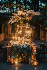 Rustic decoration with flowers and candles. 