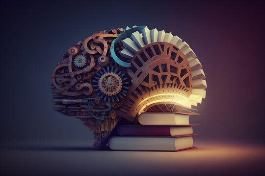 brain with a education ideas, new discoveries and scientific inventions, books, lamp, gear wheels, puzzle