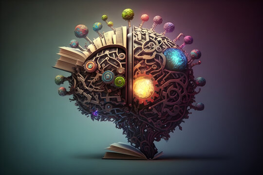 brain with a education ideas, new discoveries and scientific inventions, books, lamp, gear wheels, puzzle