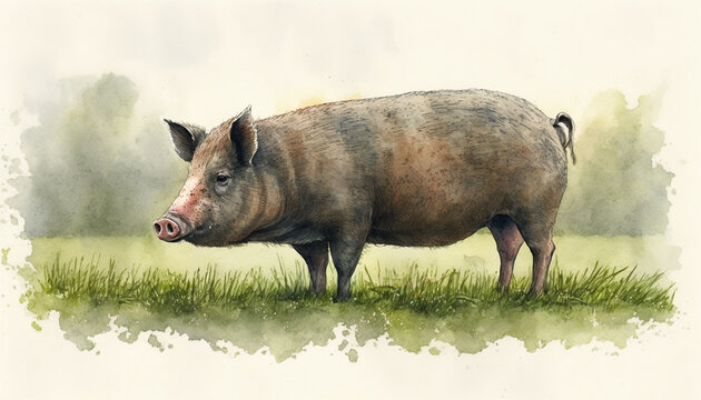 Watercolor painting of a friendly pig on a grassy field. Generative AI.