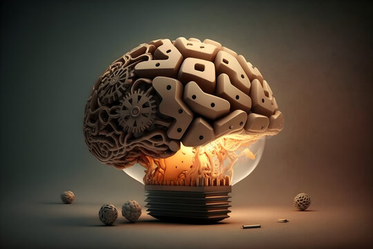 brain with a education ideas, new discoveries and scientific inventions, books, lamp, gear wheels, puzzle