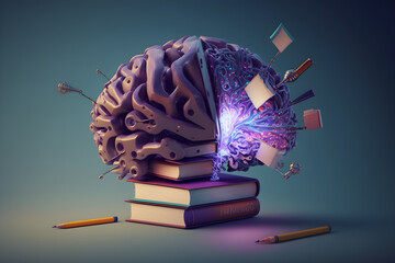 brain with a education ideas, new discoveries and scientific inventions, books, lamp, gear wheels, puzzle