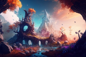 Fantasy world, vivid, colorful, epic design background - Generative AI