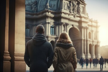 Couple tourist at Louvre Museum, France, Generative AI