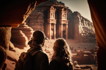 Jordan travel couple tourists at The Monastery, Petra's largest monument, Generative AI - obrazy, fototapety, plakaty